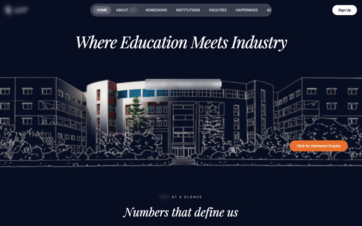 College website: the headline “Where Education Meets Industry” over a line drawing of a campus