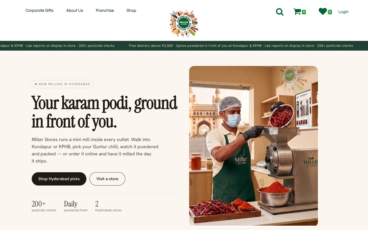 Store page: “Your karam podi, ground in front of you.” beside a photo of spices being milled
