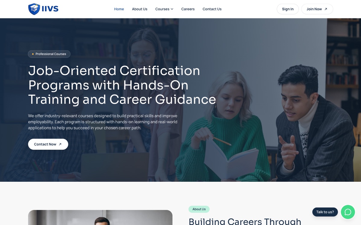 Institute website: “Job-Oriented Certification Programs with Hands-On Training and Career Guidance” over students studying